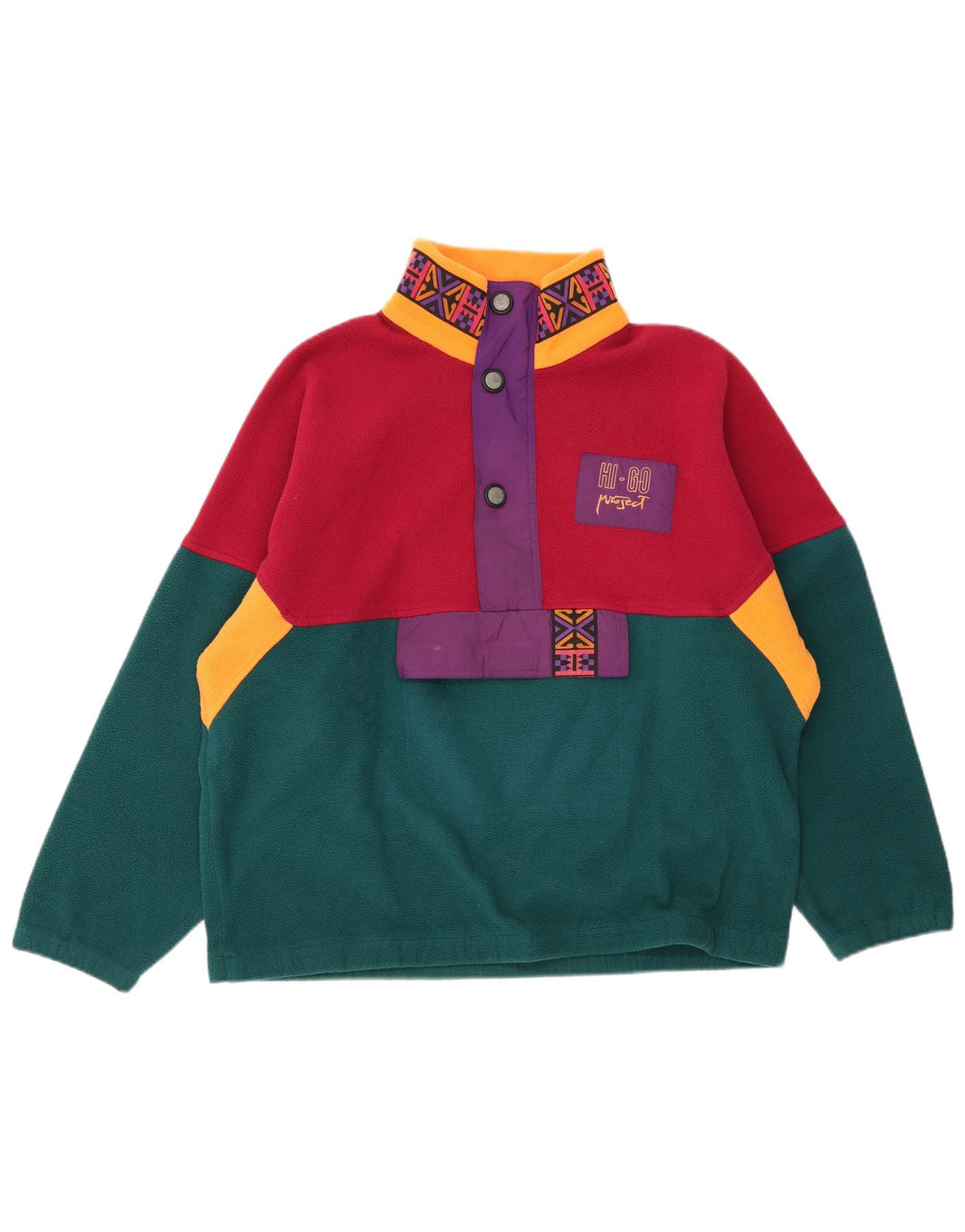 Vintage Herre Button Neck Fleece Jumper Stor flerfarvet Colourblock