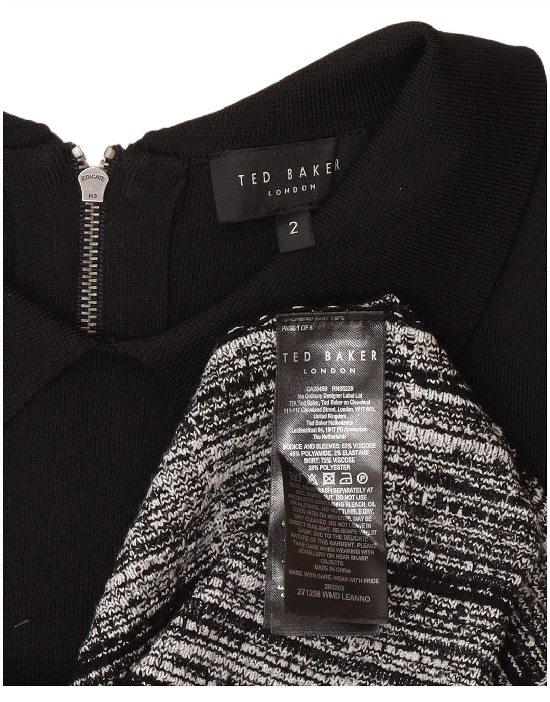 Ted Baker langærmet basiskjole til kvinder størrelse 2 Lille sort ternet viskose
