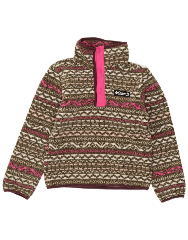 Columbia Girls Button Neck Fleece Jumper 7-8 år Small Khaki Fair Isle