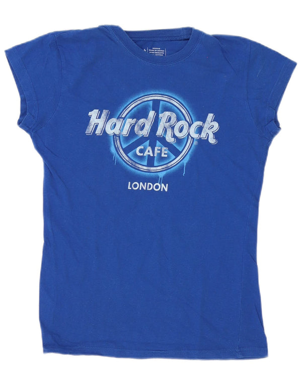 Hard Rock Cafe Dame London Grafisk T-Shirt Top UK 12 Medium Blue Cotton