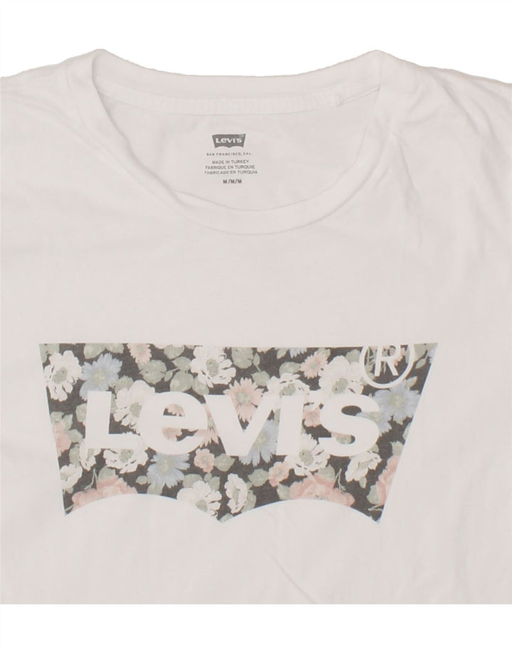 LEVI'S Womens Graphic T-Shirt Top UK 14 Medium White Floral Vintage Levi's and Second-Hand Levi's from Messina Hembry 