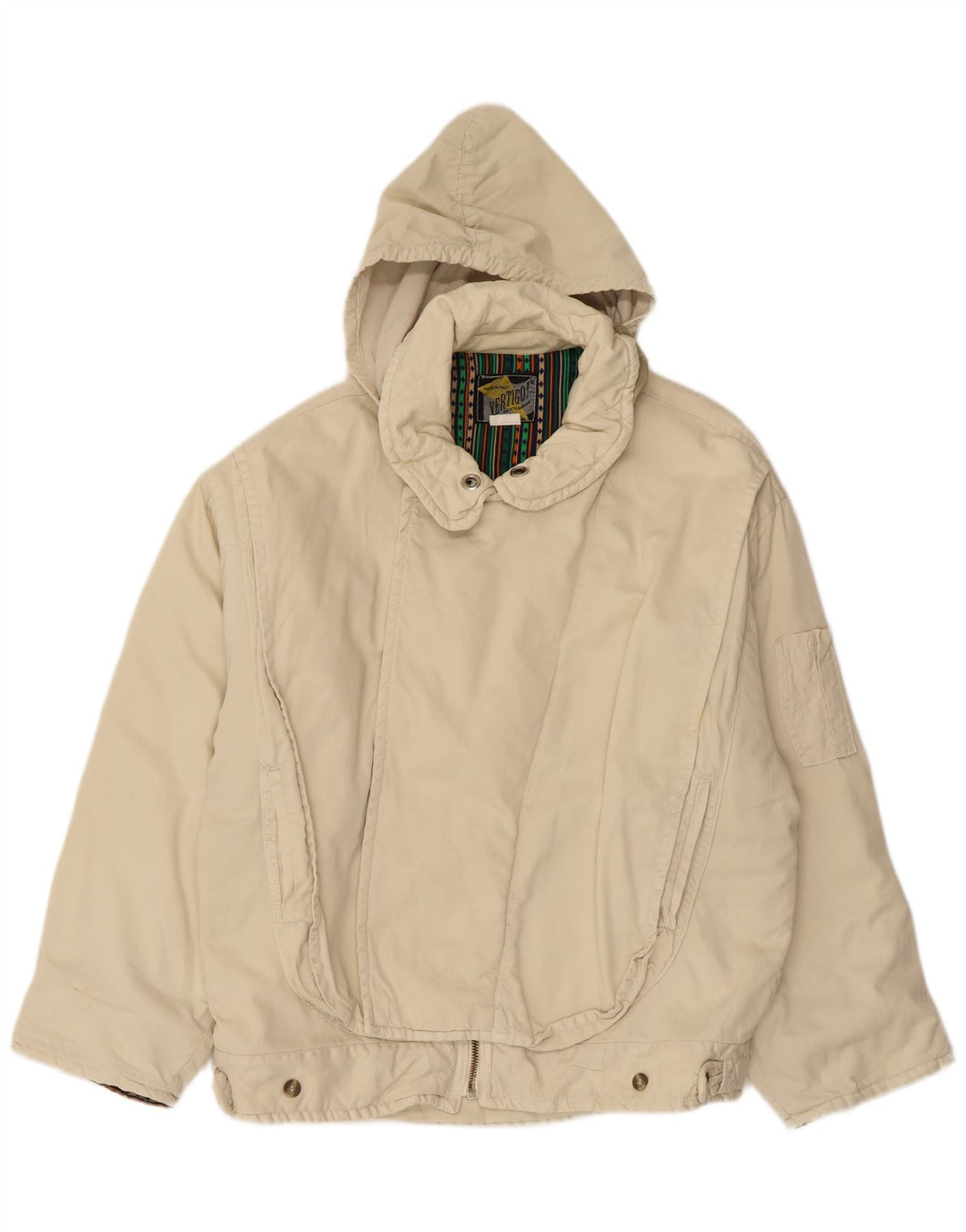 VERTIGO Mens Hooded Bomber Jacket UK 40 Large Beige Cotton