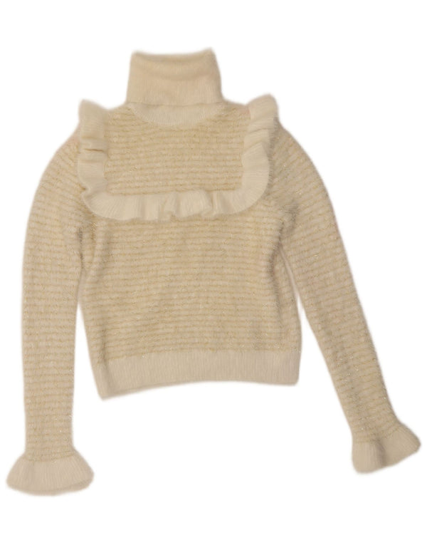 Zara Womens Ruffle Front Roll Neck Jumper Sweater UK 10 Small White Striped
