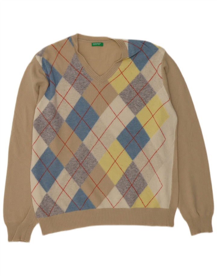 Benetton Herre V-hals sweater Stor Beige Argyle/Diamond Wool