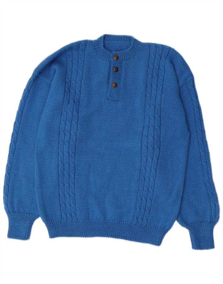 Vintage Dame Button Neck Jumper Sweater UK 14 Medium Blue