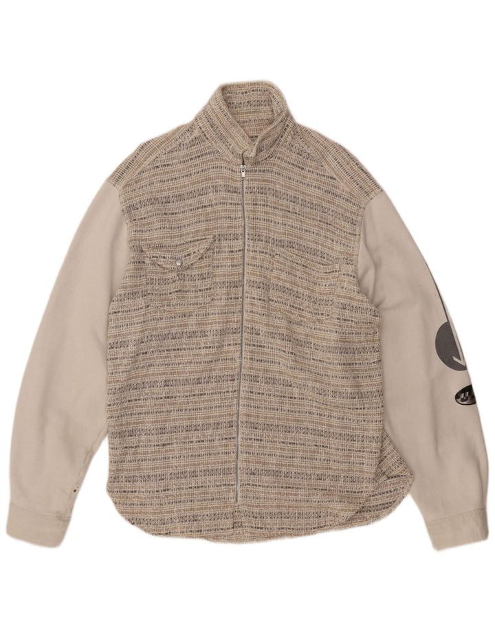 VINTAGE Herre grafisk bomberjakke UK 44 2XL Beige Stribet Uld