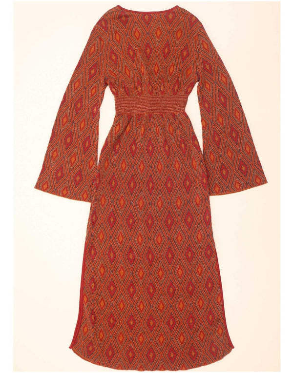 Zara Dame Langærmet Strik Maxi Kjole UK 12 Medium Rød Geometrisk