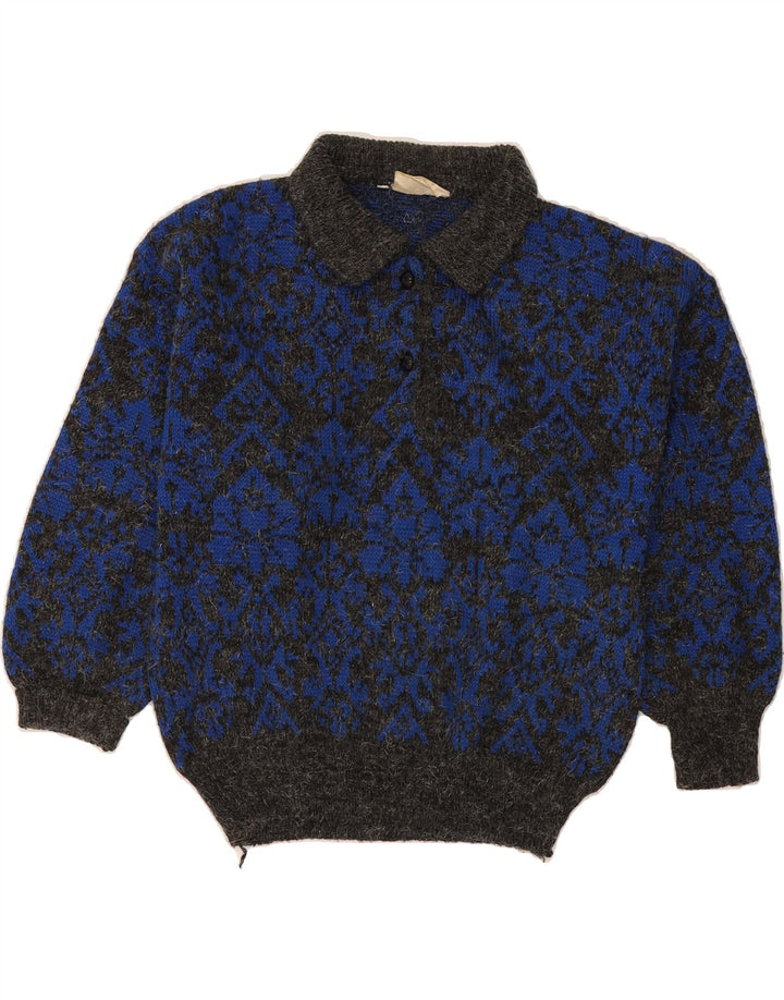 VINTAGE Womens Polo Neck Jumper Sweater UK 14 Medium Blue Geometric Vintage Vintage and Second-Hand Vintage from Messina Hembry 