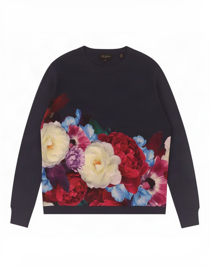 Ted Baker Dame Boat Neck Jumper Sweater Størrelse 3 Medium Navy Blue Floral