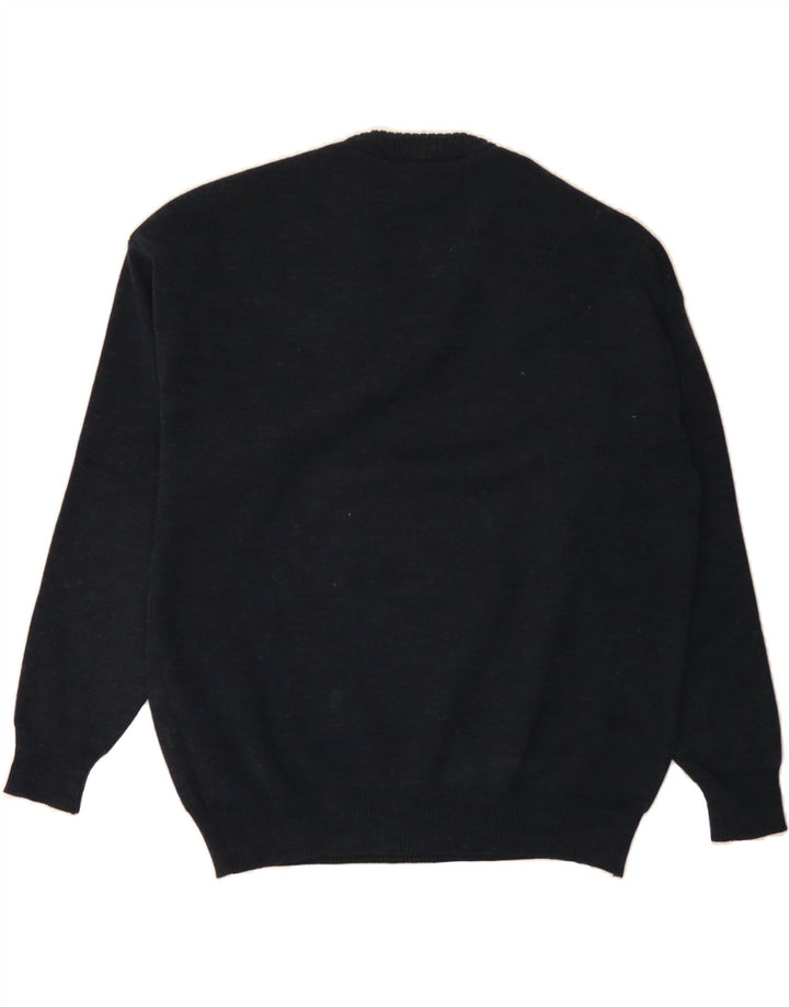 DEER PARK Mens V-Neck Jumper Sweater Large Navy Blue Geometric Wool Vintage Deer Park and Second-Hand Deer Park from Messina Hembry 