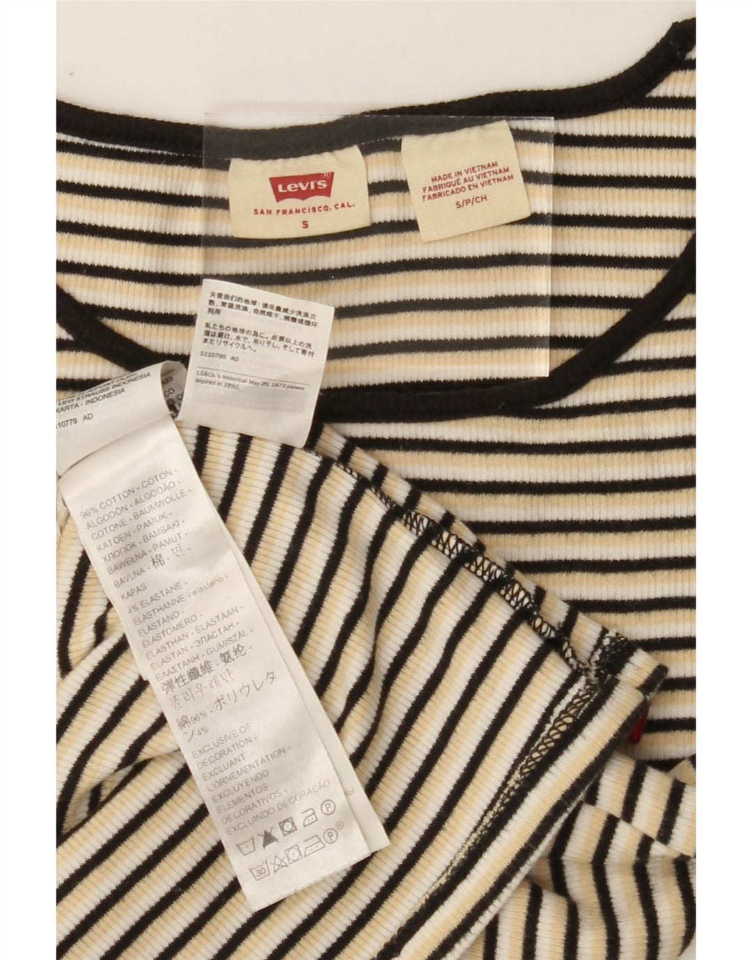 LEVI'S Womens T-Shirt Top UK 10 Small Beige Striped Cotton Vintage Levi's and Second-Hand Levi's from Messina Hembry 