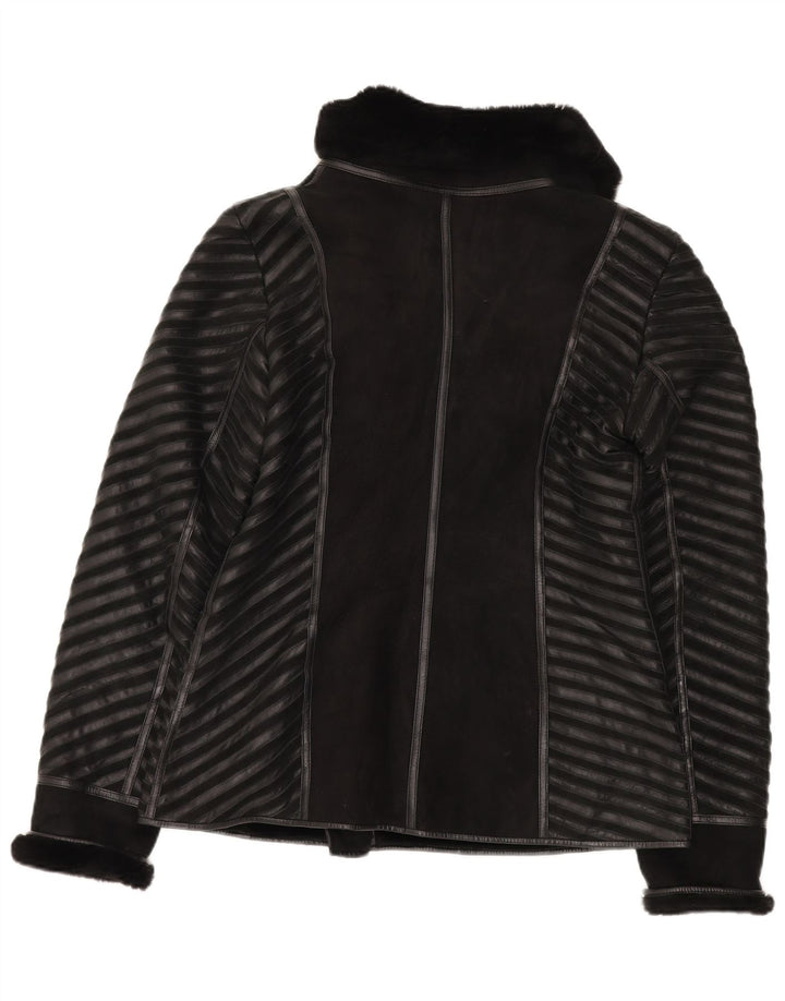 Vintage dame shearling jakke UK 18 XL sort stribet læder
