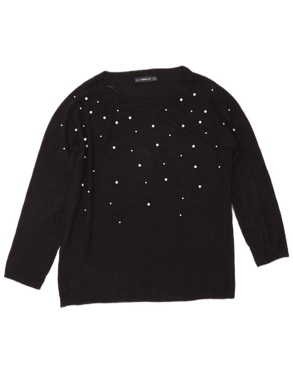 ZARA 3/4-ærmet trøjetrøje til bådhals til kvinder UK 14 Medium Sort viskose