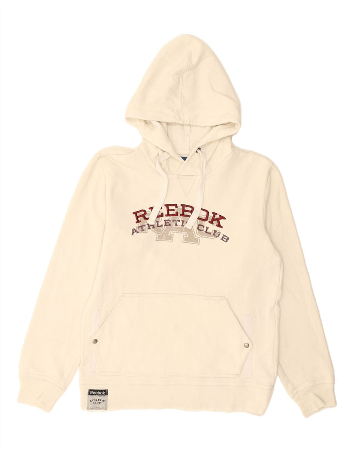 REEBOK Mens Graphic Hoodie Jumper Medium Off White Cotton Vintage Reebok and Second-Hand Reebok from Messina Hembry 