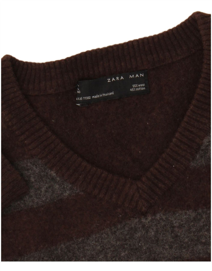 Zara Herre V-hals sweater Medium brun stribet uld