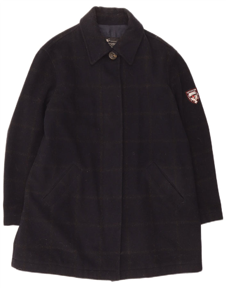 Vintage Dame Ski Overfrakke UK 14 Medium Navy Blue Check Wool
