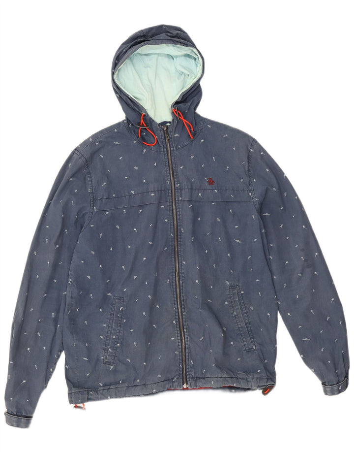 Penguin Herre abstrakt mønster Hooded Bomber Jacket UK 40 Large Blue Cotton