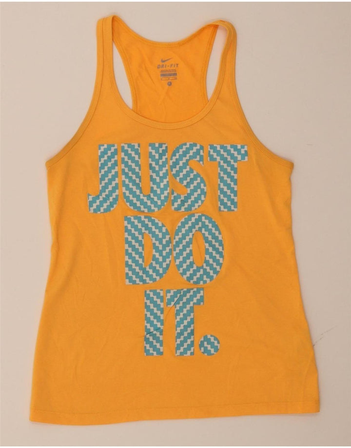 NIKE Womens Dri Fit Graphic Vest Top UK 10 Small Orange Polyester Vintage Nike and Second-Hand Nike from Messina Hembry 