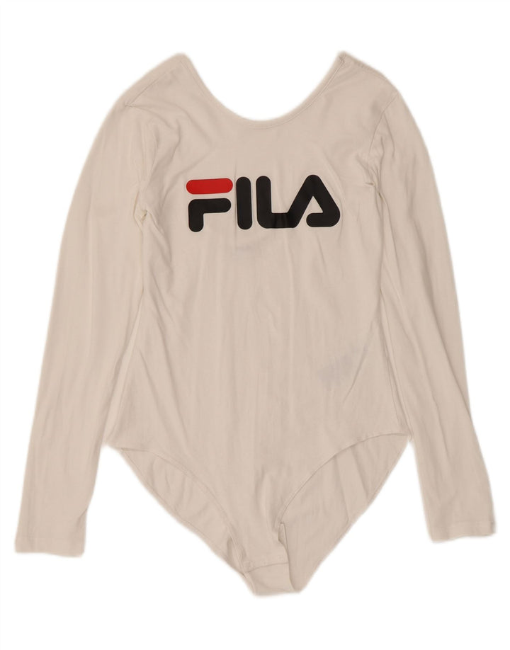 Fila Dame Grafisk Langærmet Bodysuit UK 12 Medium Off White Bomuld
