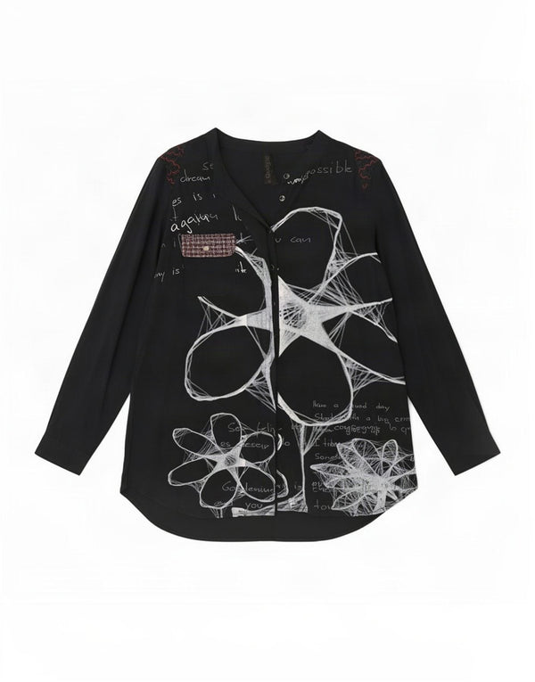 Desigual kvinders grafisk skjortebluse UK 18 XL Sort blomsterviscose