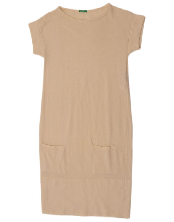 Benetton Dame Kortærmede Jumper Dress UK 8 Small Beige Uld