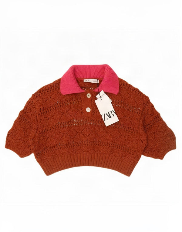 Zara Womens Oversized Crop Polo Neck Jumper Sweater UK 10 Small Brown