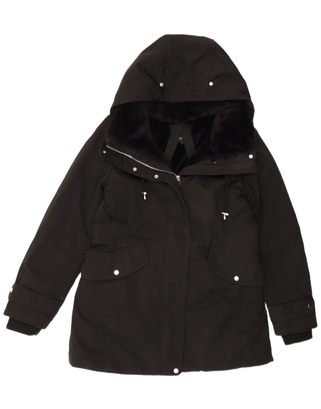 Zara Dame Hooded Parka Jacket UK 18 XL Sort Polyester