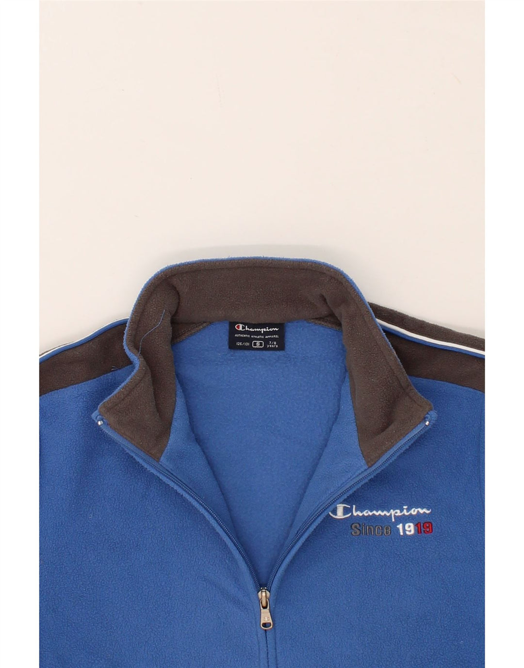 CHAMPION Boys Graphic Fleece Jacket 7-8 Years Small Blue Colourblock Vintage Champion and Second-Hand Champion from Messina Hembry 