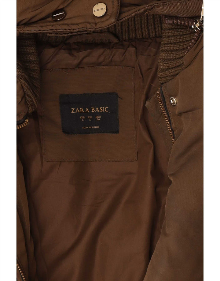 Zara Dame Hætte Vatteret Jakke UK 14 Large Khaki