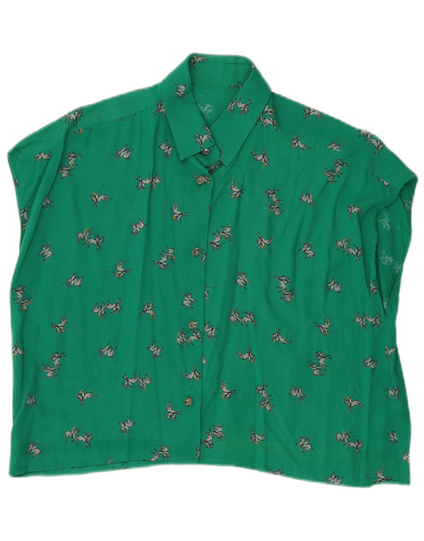 Vintage Womens Crop Graphic ærmeløs skjortebluse UK 12 Medium Green