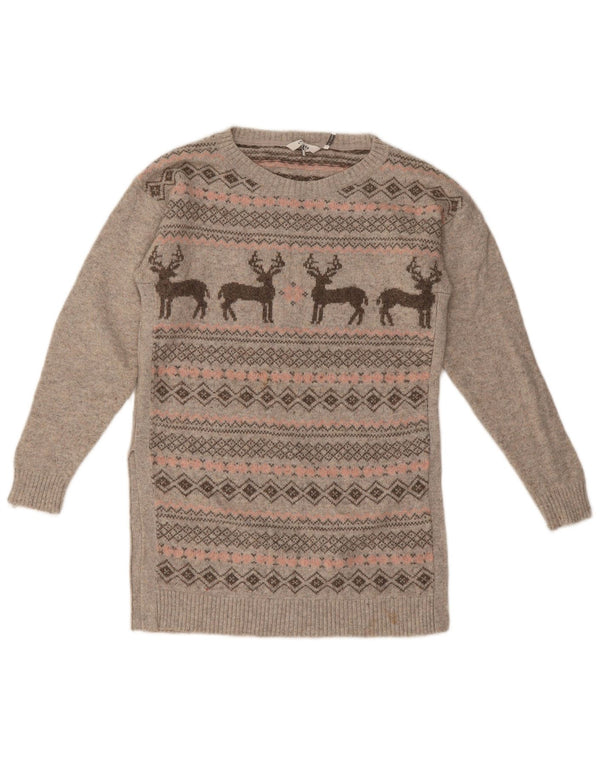 Fat Face Dame Boat Neck Jumper Sweater UK 8 Small Grey Fair Isle Cotton