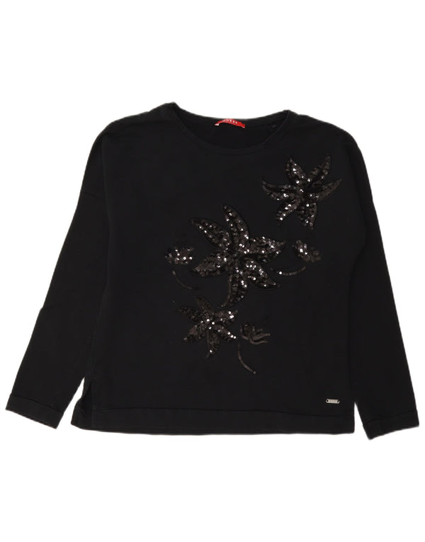 Guess Womens Oversized Sweatshirt Jumper UK 8 Small Black Floral Bomuld