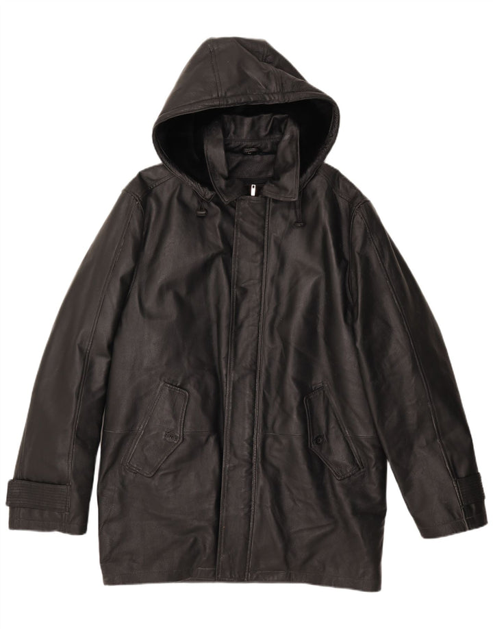 Vintage læderjakke med hætte til mænd IT 50 Stor sort læder