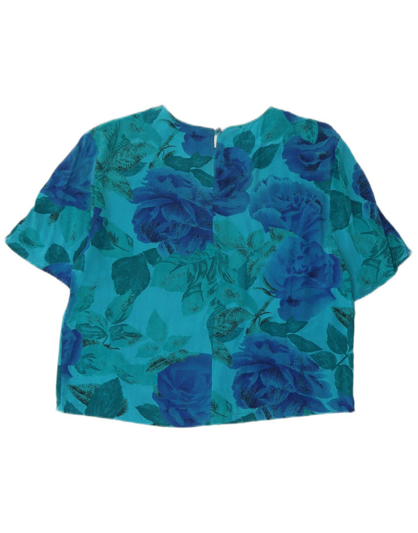 Vintage Womens Crop Bluse Top UK 16 Large Blue Floral Silk