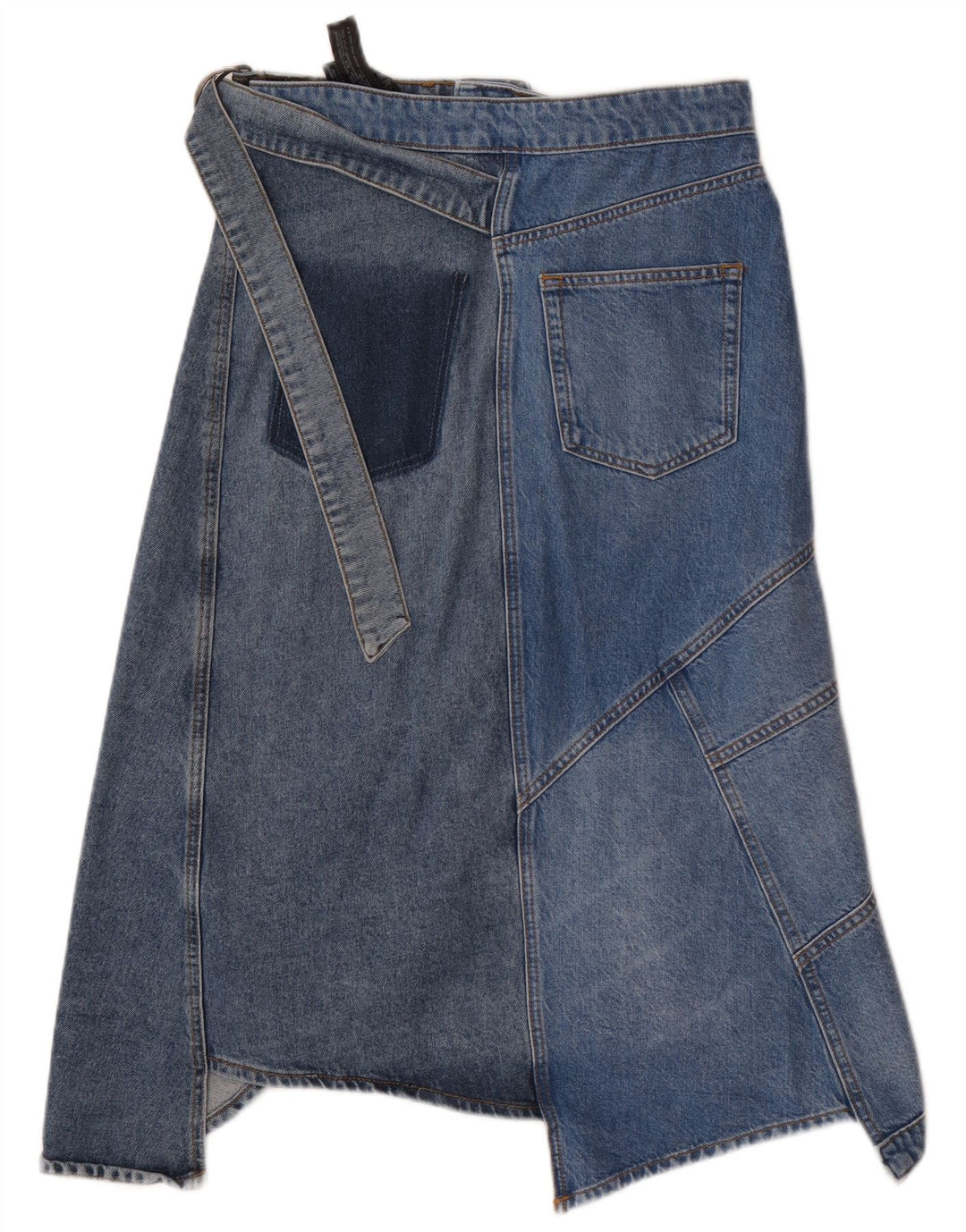 Zara Dame asymmetrisk denim nederdel lille W26 blå patchwork bomuld