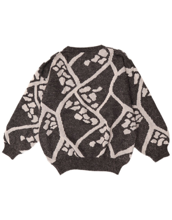 Vintage Dame Crew Neck Jumper Sweater UK 16 Stor Grå Geometrisk