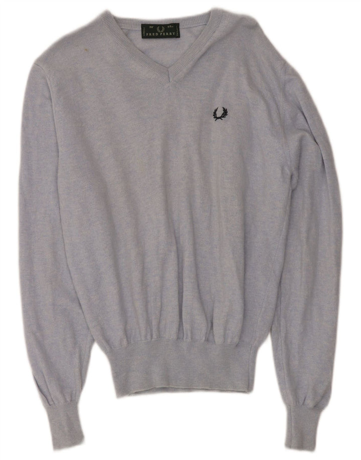 FRED PERRY Mens V-Neck Jumper Sweater Small Blue Wool