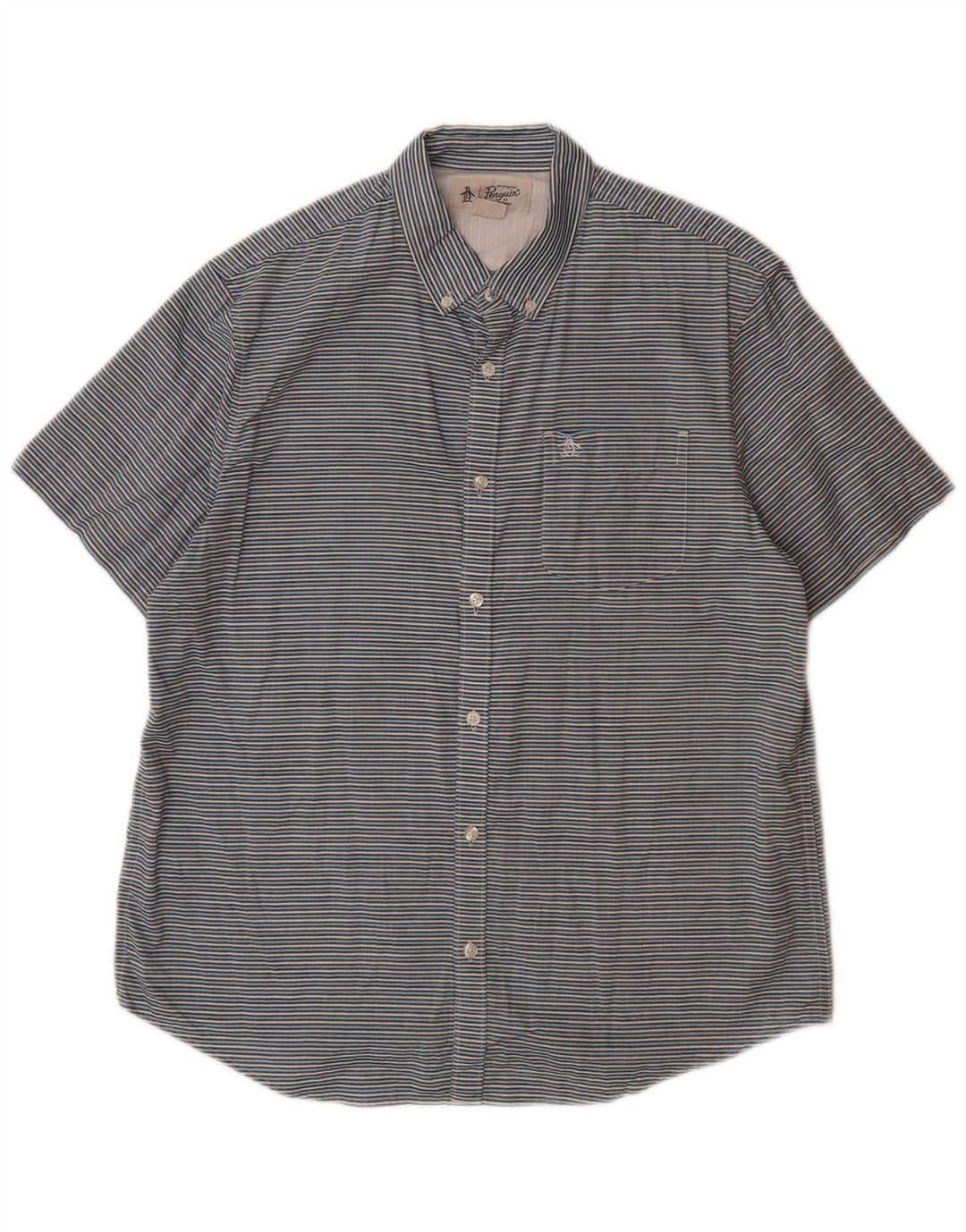 PENGUIN Herre kortærmet skjorte Stor blå nålestribet bomuld