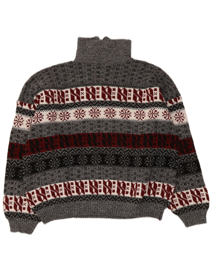 Vintage dame sweater med lynlås-hals UK 14 Medium Grey Fair Isle