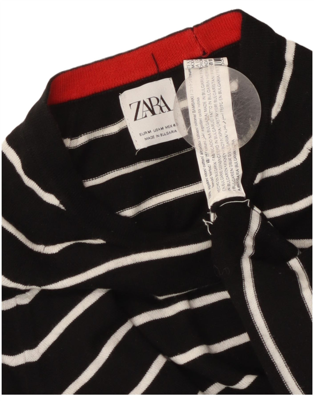 ZARA Dame Boat Neck Jumper Sweater UK 14 Medium Sort Stribet Bomuld