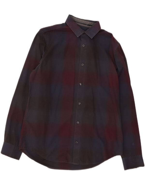 Calvin Klein Mens Shirt Medium Burgundy Plaid Cotton