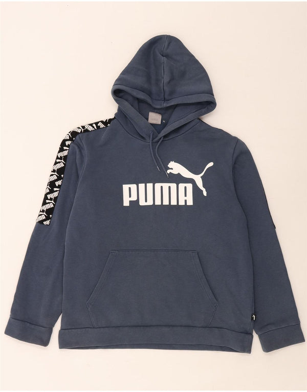 PUMA Mens Graphic Hoodie Jumper Medium Navy Blue Colourblock Cotton