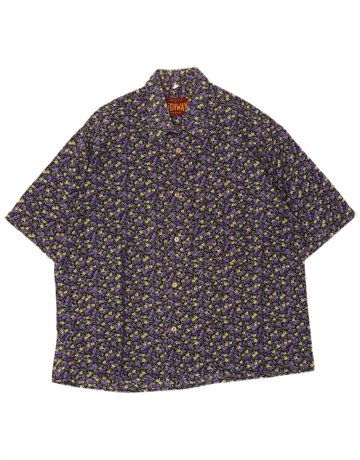 Vintage kortærmet herreskjorte medium lilla blomster