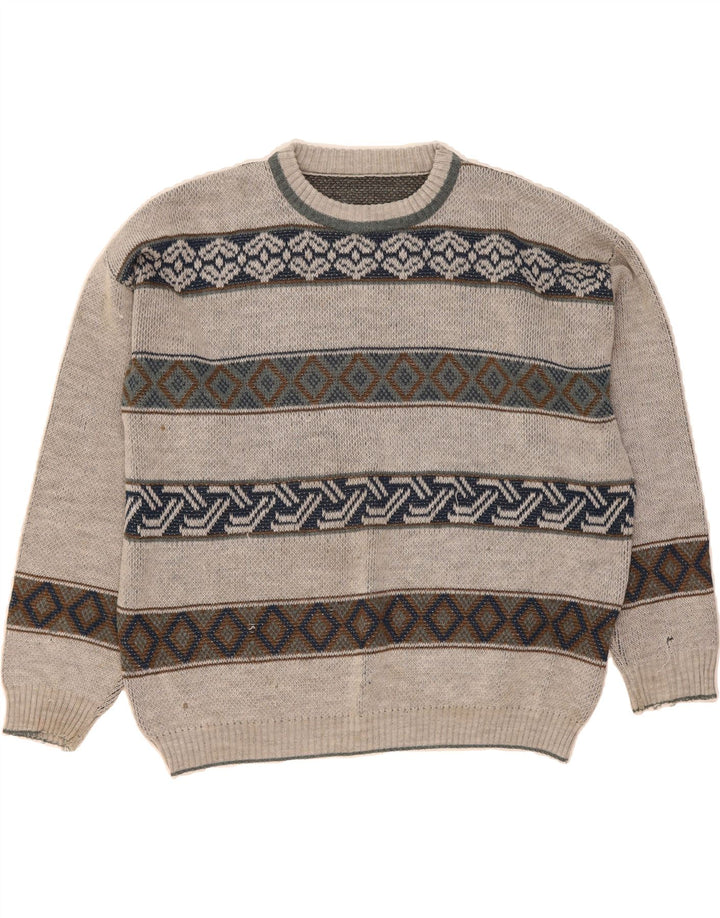 VINTAGE Mens Crew Neck Jumper Sweater Large Grey Fair Isle Vintage Vintage and Second-Hand Vintage from Messina Hembry 