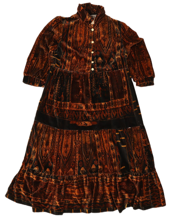 Vintage damekjole med 3/4 ærmer i niveauer UK 12 Medium Brown Aztec