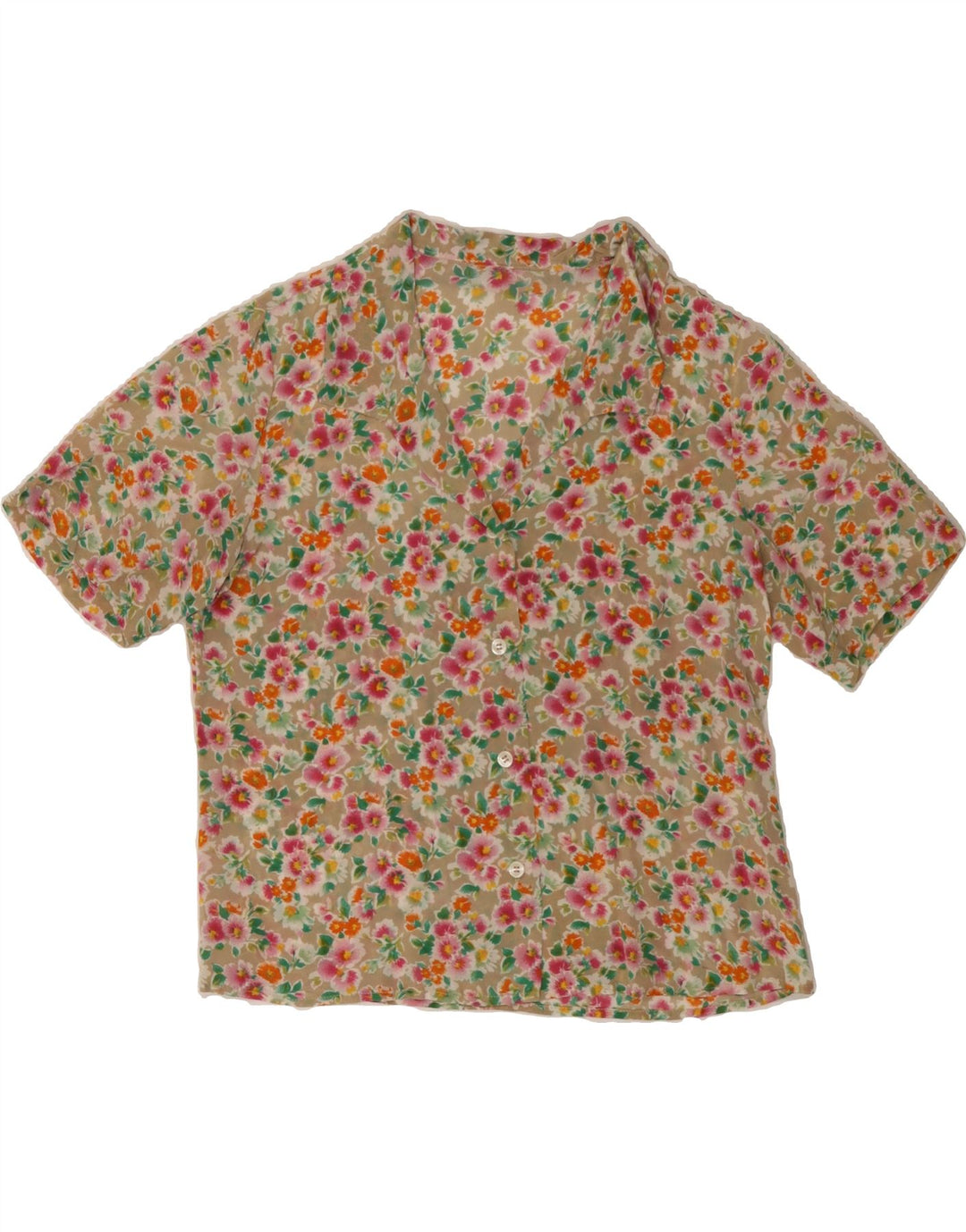 VINTAGE Womens Short Sleeve Shirt UK 12 Medium Beige Floral Vintage Vintage and Second-Hand Vintage from Messina Hembry 