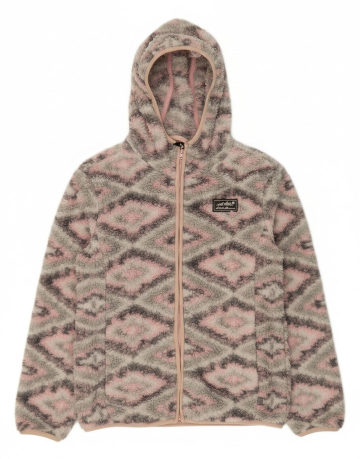 EDDIE BAUER Girls Fleece Jacket 10-11 Years Medium Grey Argyle/Diamond