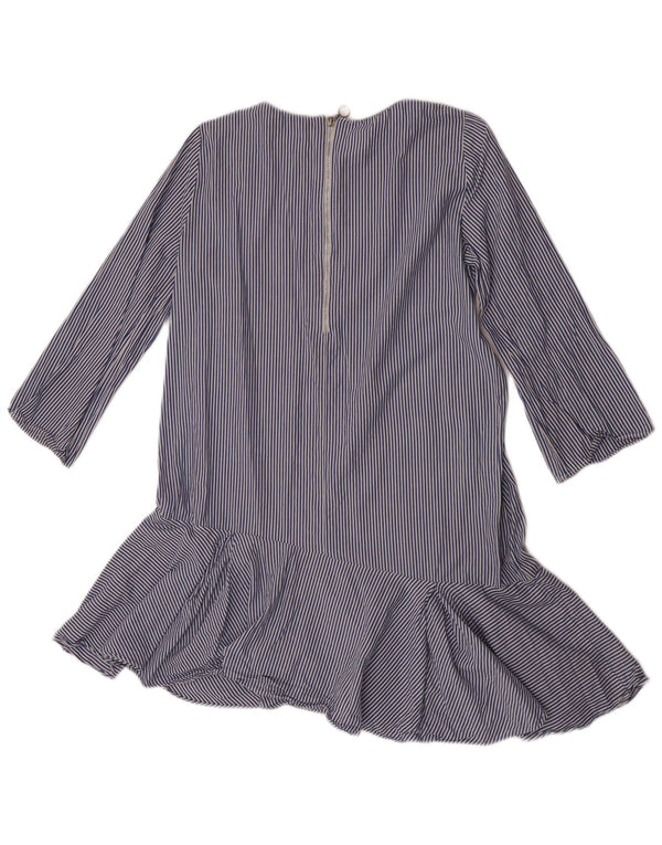 Zara Dame 3/4 ærmer Drop Waist Dress UK 14 Medium Blue Nålestribet Bomuld