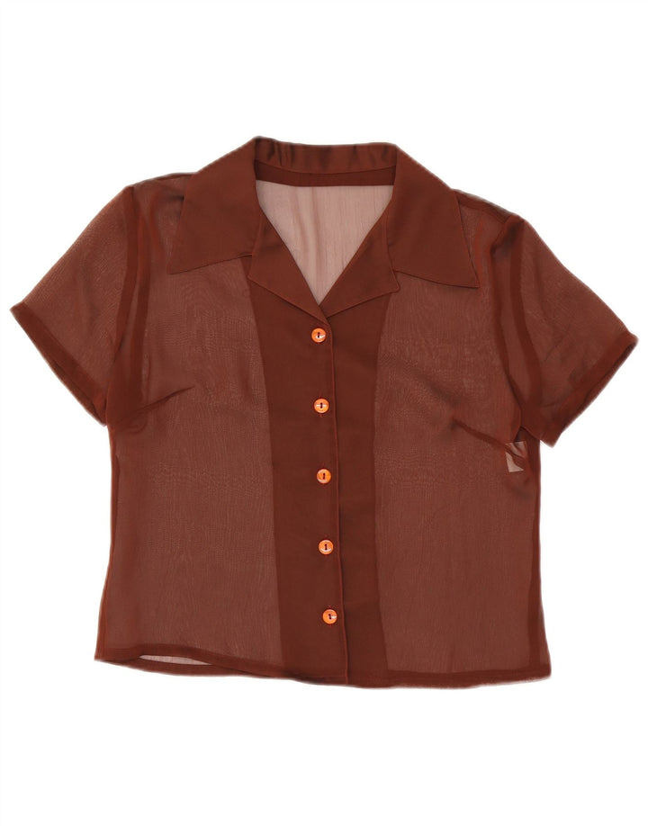 Vintage Dame Se Gennem Kortærmet Skjorte Bluse UK 12 Medium Brun