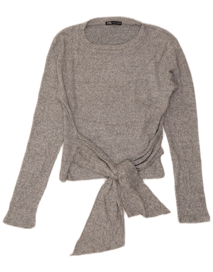 Zara Womens Front Tie Crop Top Langærmet UK 14 Large Grey Viscose